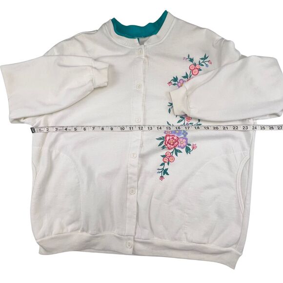 Vtg Blair Cardigan 2XL White Jade Floral Embroidered Knit Grandmacore Cozy Chic - Picture 3 of 9